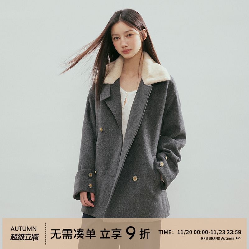 RPB BRAND 法式赫本风可拆卸毛领插肩袖保暖中长款双面呢大衣