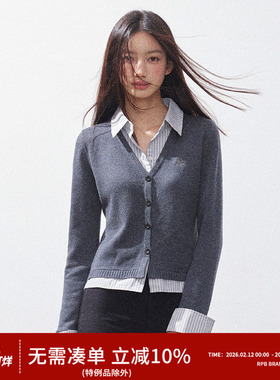 RPB BRAND V领假两件针织衬衫开衫女收腰时尚内搭学院风显瘦上衣