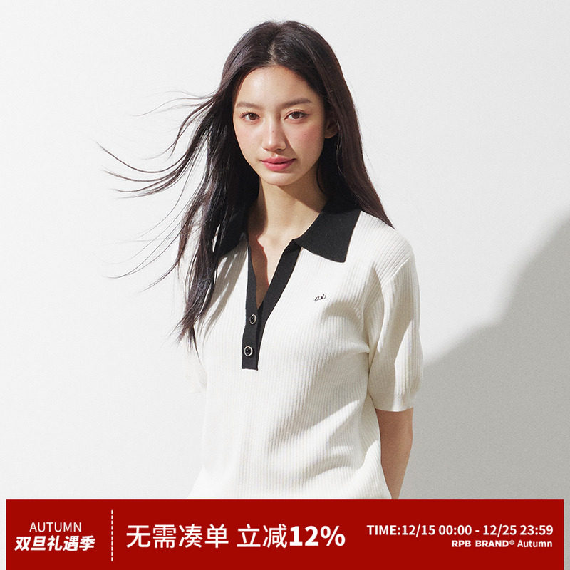 RPB BRAND 美式复古撞色polo针织衫字母刺绣短袖V领上衣打底衫