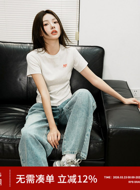 RPB BRAND基础正肩袖修身刺绣logo打底短袖简约百搭短款上衣T恤夏