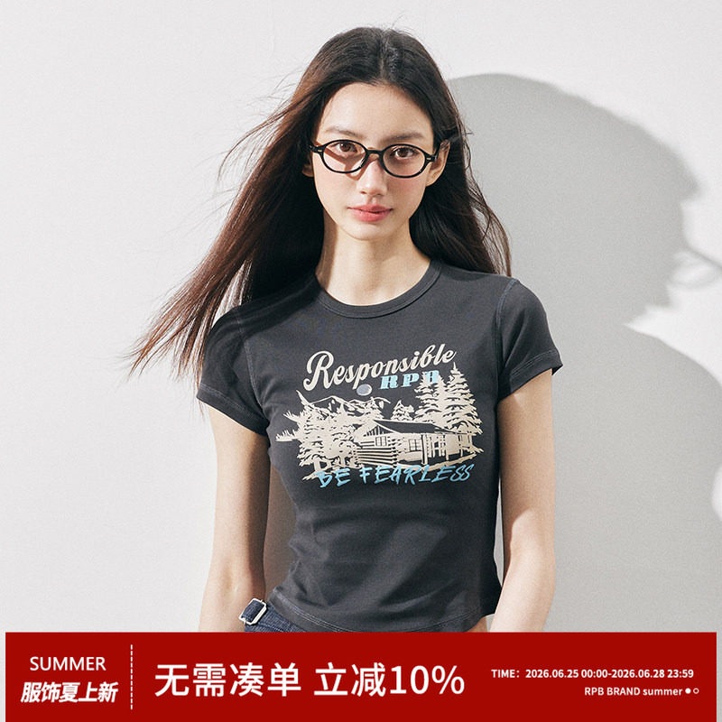 RPB BRAND 美式复古字母印花圆领短袖T恤女修身短款显瘦上衣 - 实物图