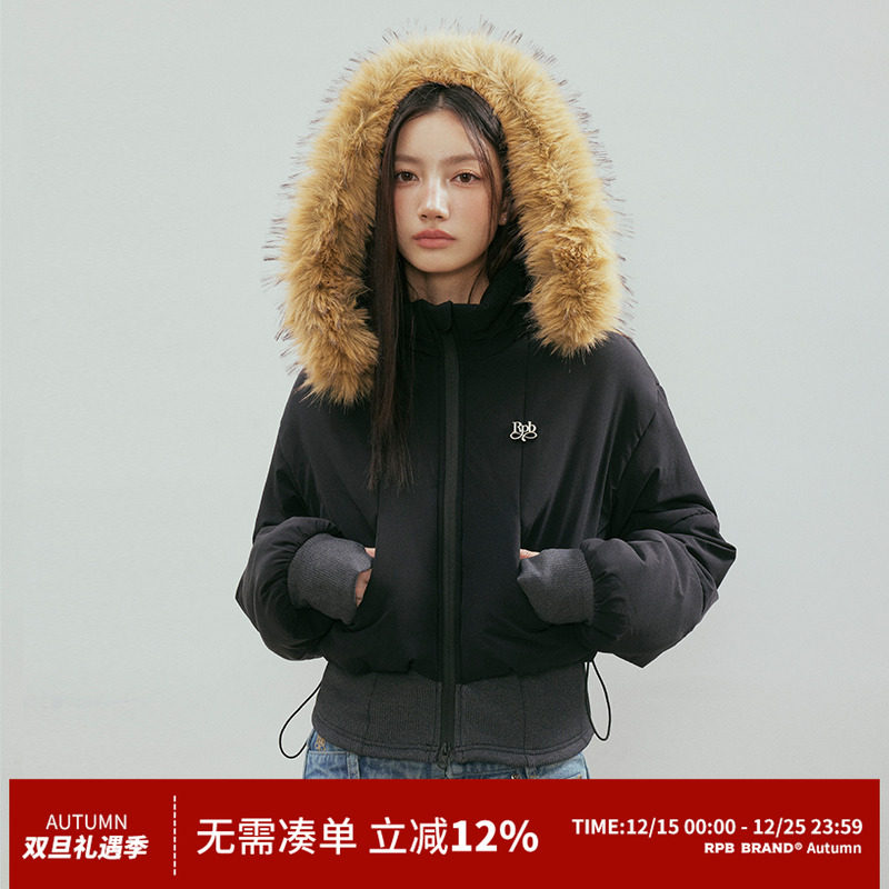 RPB BRAND 美式复古大毛领连帽棉服女秋冬季防寒棉衣修身短外套