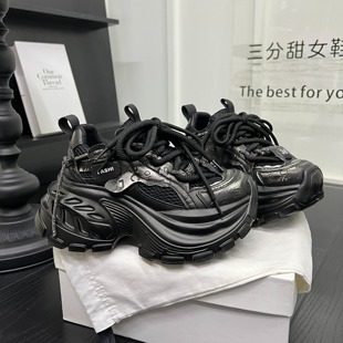 轻便运动单鞋 水钻百搭休闲鞋 潮 女爆款 炸街真皮厚底增高轻便老爹鞋