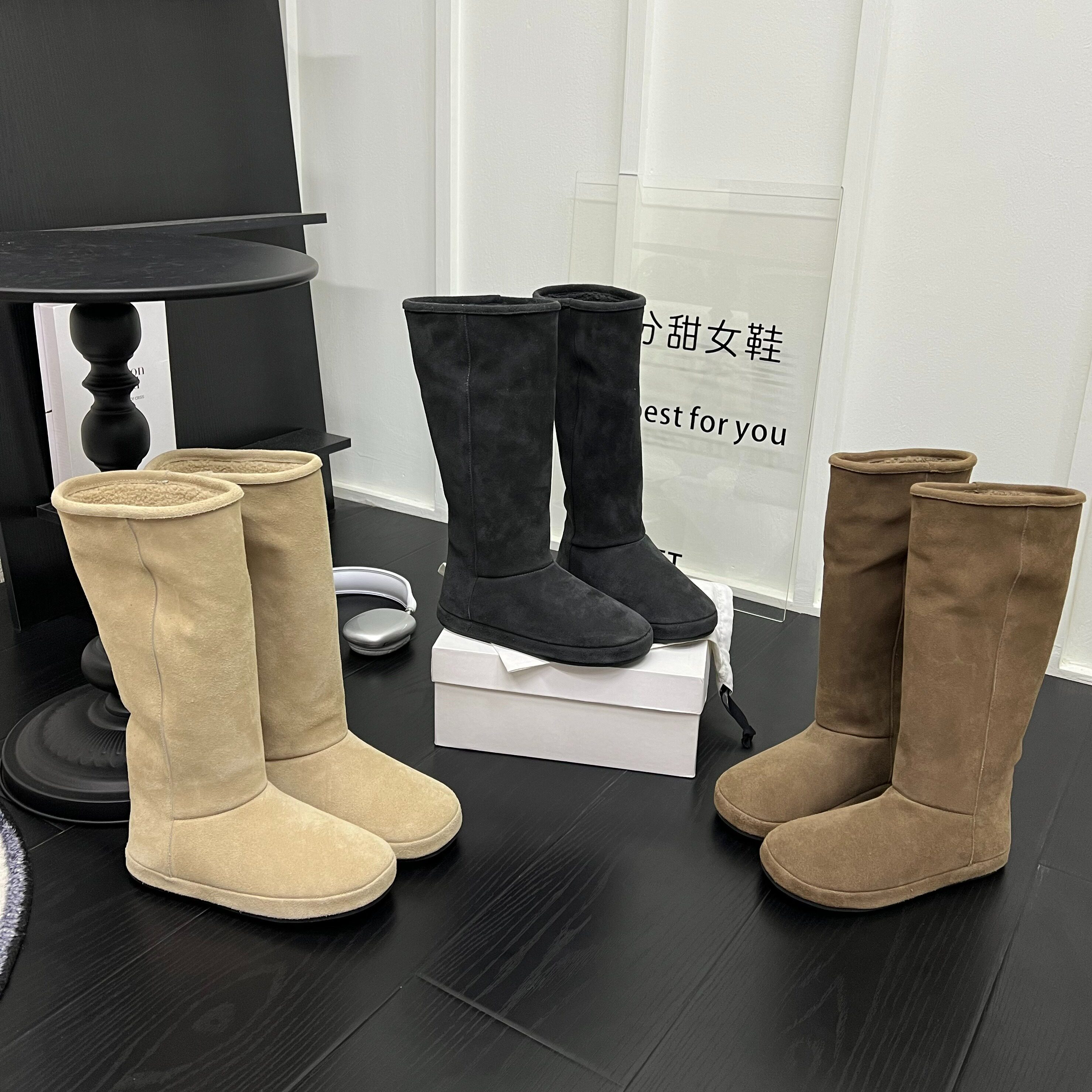 网红爆款磨砂皮平底高筒靴女韩版圆头加绒保暖防滑东北棉靴骑士靴