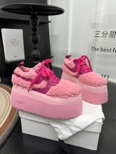 超火厚底增高系带毛毛鞋女2026年秋冬季新款加绒保暖休闲鞋棉鞋潮