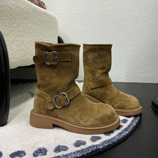 百搭圆头系带增高防滑卡扣短靴 复古英伦风厚底马丁靴女2025年新款