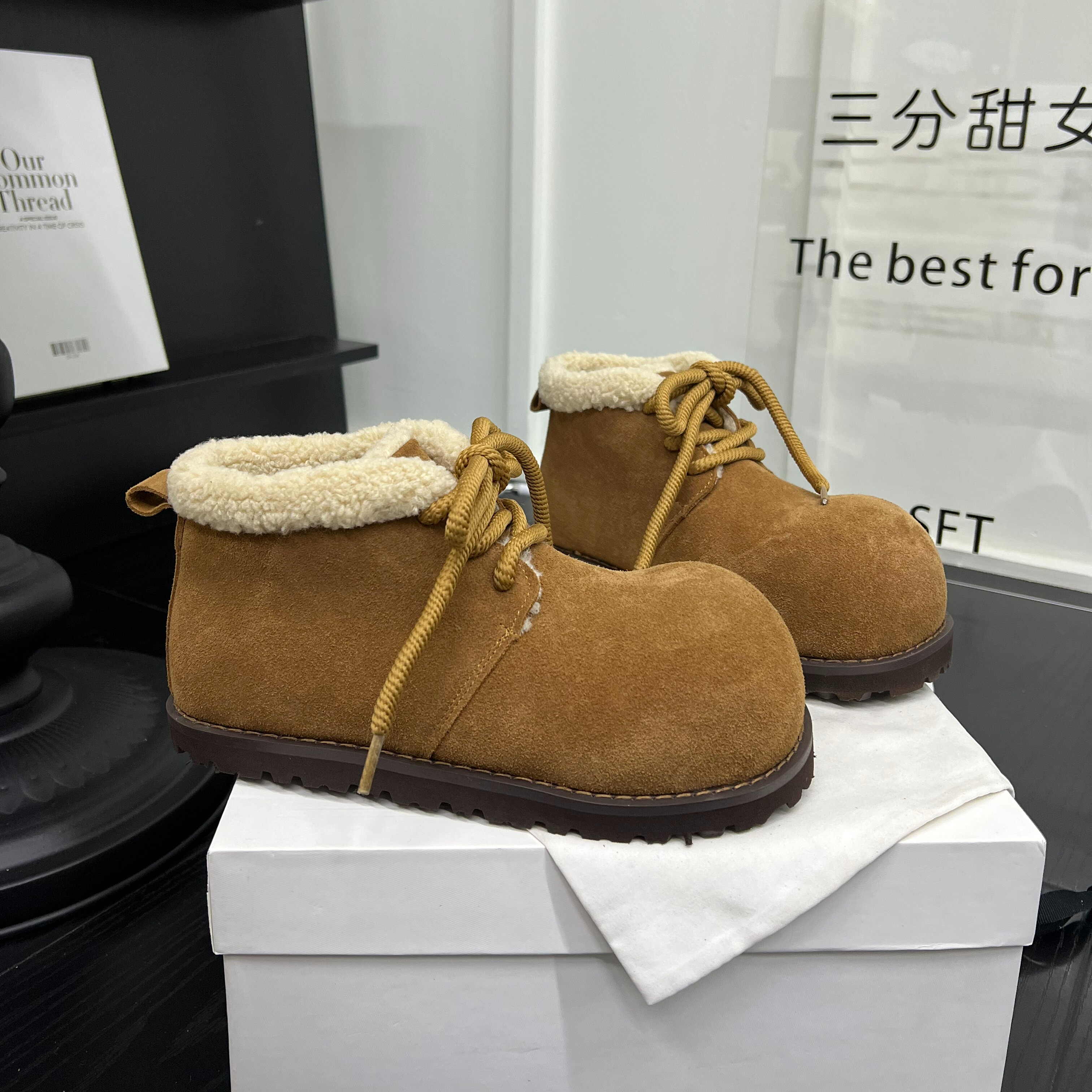 高帮大头磨砂皮毛口系带平底休闲鞋女韩系加绒保暖短靴雪地靴潮