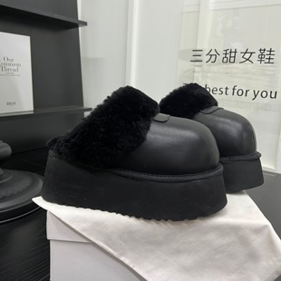 欧洲站羊毛真皮厚底增高包头拖鞋外穿女2025新款加绒保暖轻便半拖