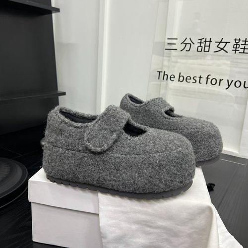 超火毛呢厚底浅口玛丽珍鞋女鞋2025年新款魔术贴加绒保暖休闲鞋潮