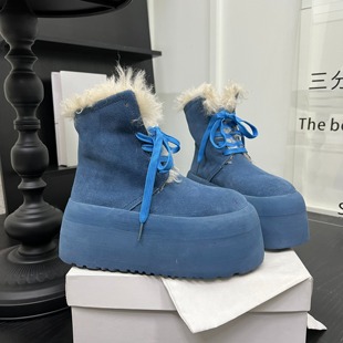 欧洲站磨砂皮松糕厚底卷卷毛雪地靴女百搭显脚小休闲ins短靴棉鞋
