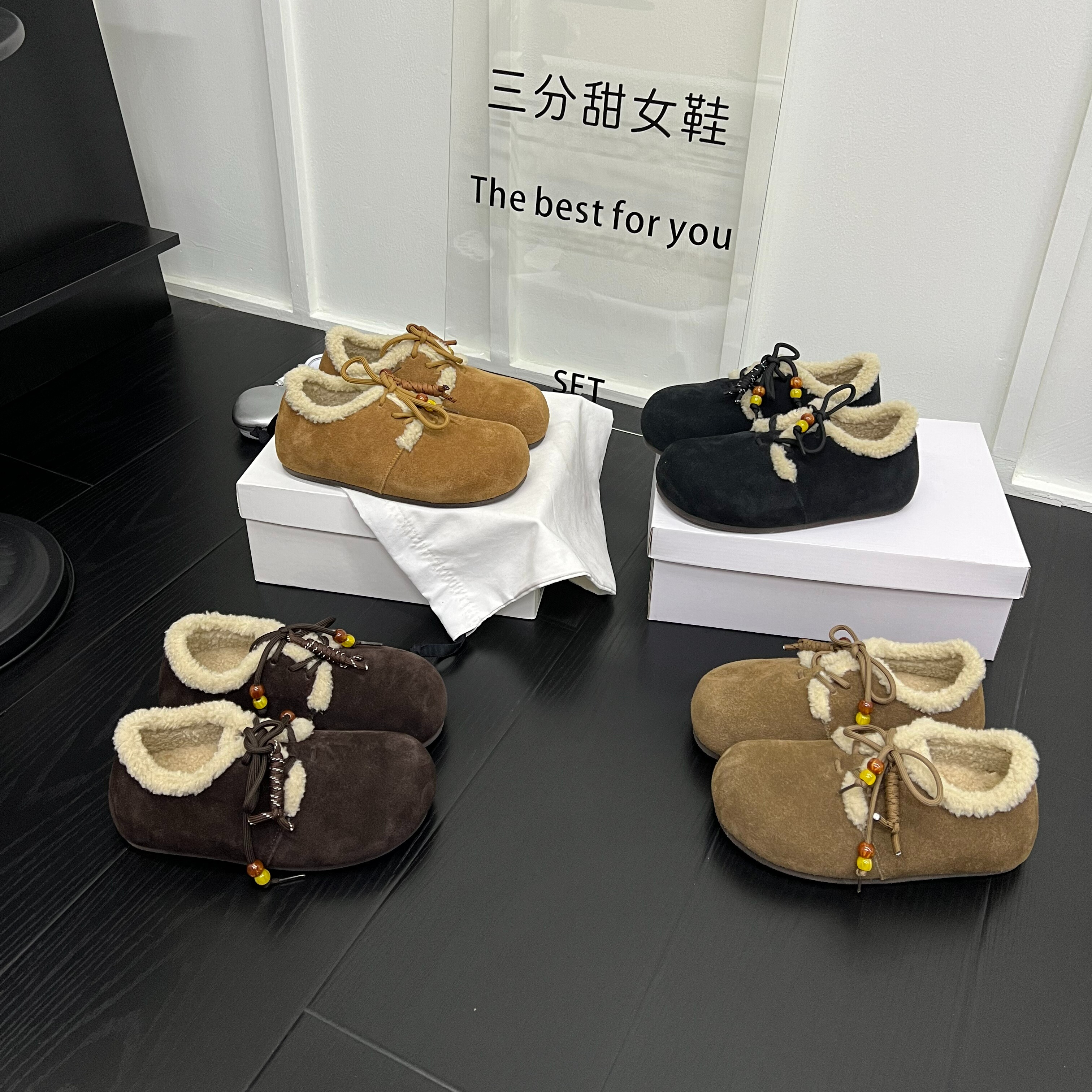 韩版磨砂皮加绒保暖勃肯鞋女2025新款百搭圆头系带毛口休闲毛毛鞋