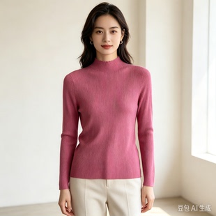 半高领女秋冬 针织衫新款坑条九分袖上衣毛衣打底衫保暖
