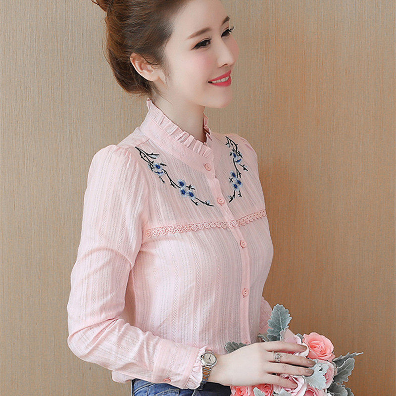 Small fresh temperament 2019 Autumn new pattern Korean Edition Embroidery Women's wear Self cultivation Versatile Long sleeve Stand collar jacket shirtin the Women's clothing/Boutique , Shirt  category - from Buy2taobao.com to provide professional Taobao agent buy service