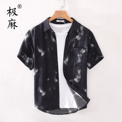 夏季潮流印花短袖棉麻衬衫