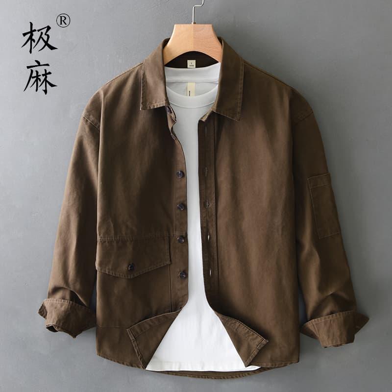极麻复古基础大码文艺长袖衬衫男士日系休闲青年百搭宽松纯棉衬衣