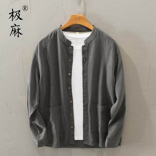 复古立领苎麻休闲衬衫
