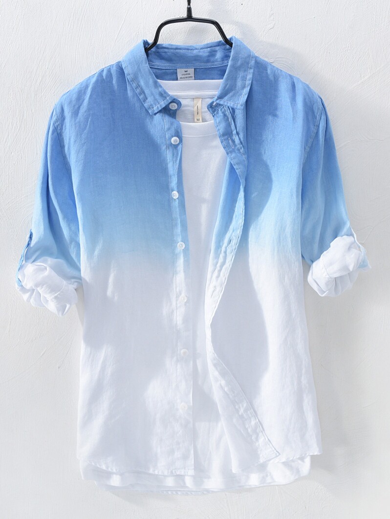 Fresh gradient linen shirt Men's long sleeve summer casual loose breathable beach vacation sunscreen cotton linen shirt