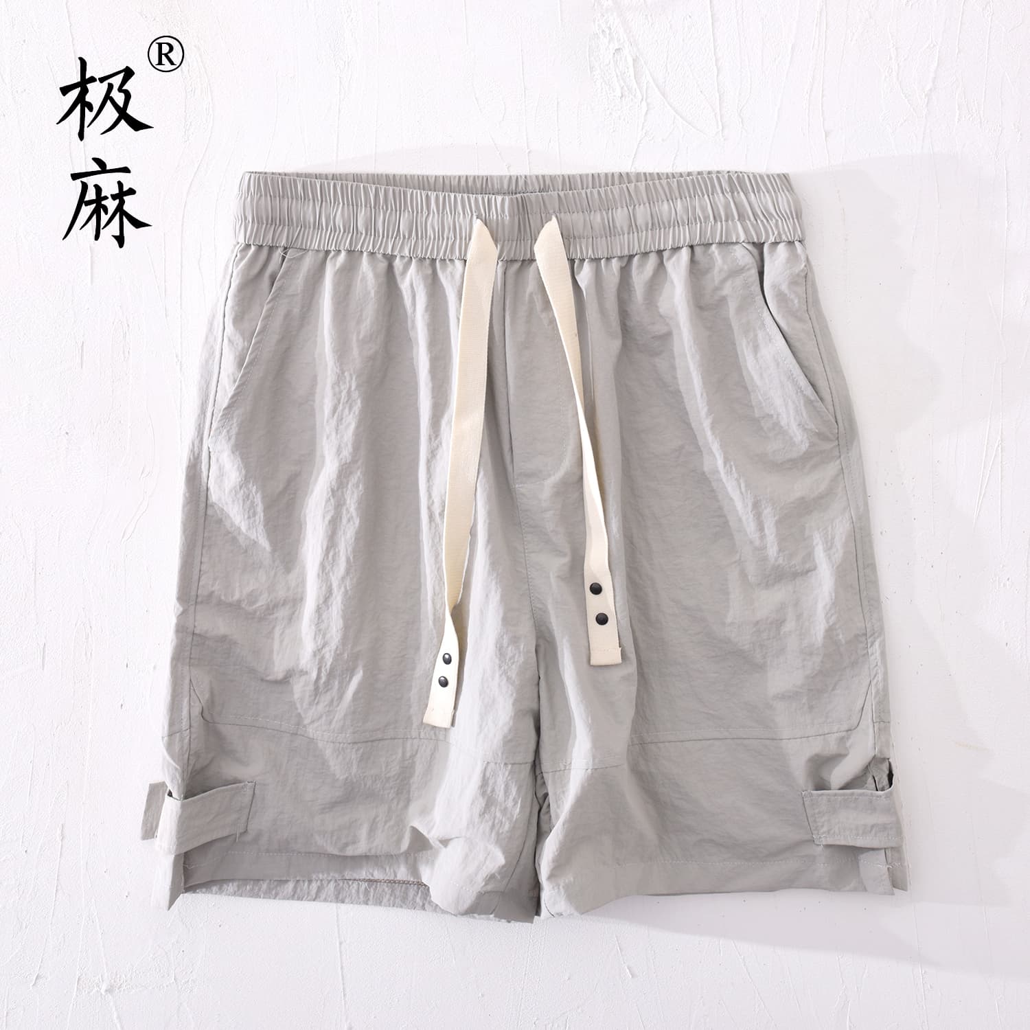 极麻夏季复古潮流百搭休闲短裤男士松紧腰抽绳青年舒适宽松五分裤