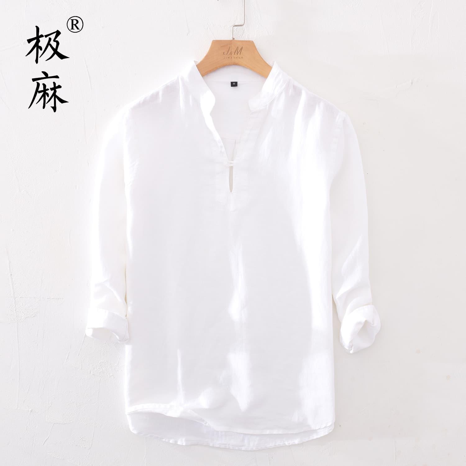 夏季立领套头七分袖衬衫