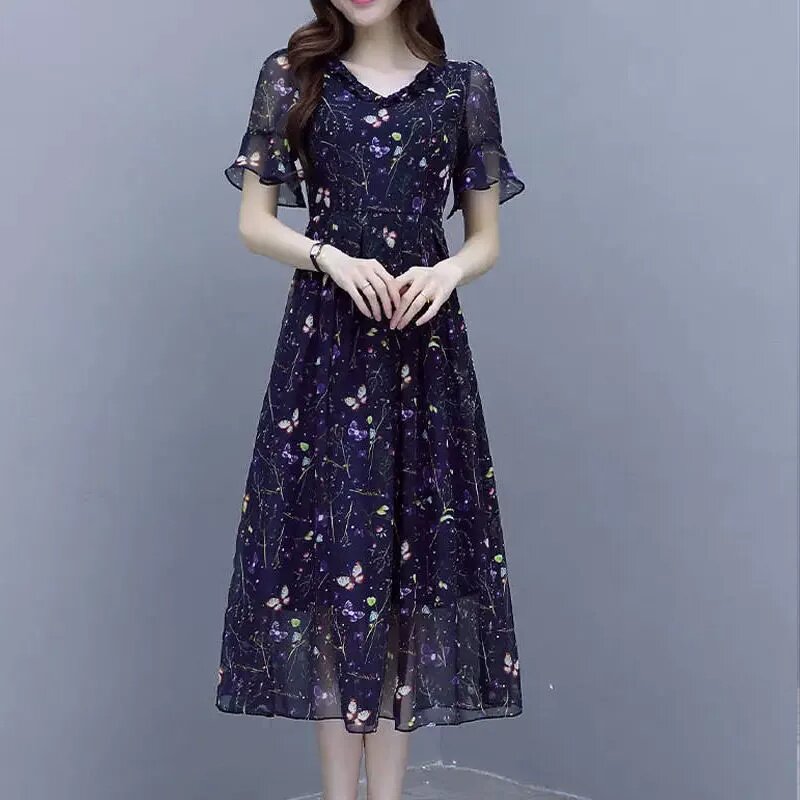碎花雪纺连衣裙女夏季V领短袖中年妈妈遮肚显瘦中长款气质薄款裙