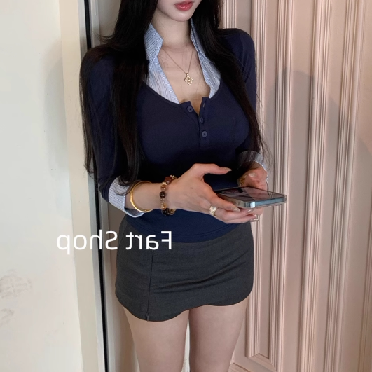 首尔女高~撞色polo领针织衫