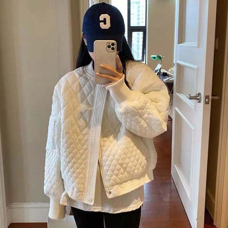 初冬菱格加厚显瘦棒球棉服女款