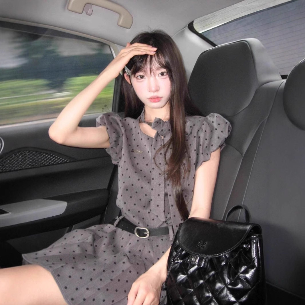 法式灰色波点百褶裙小飞袖连衣裙