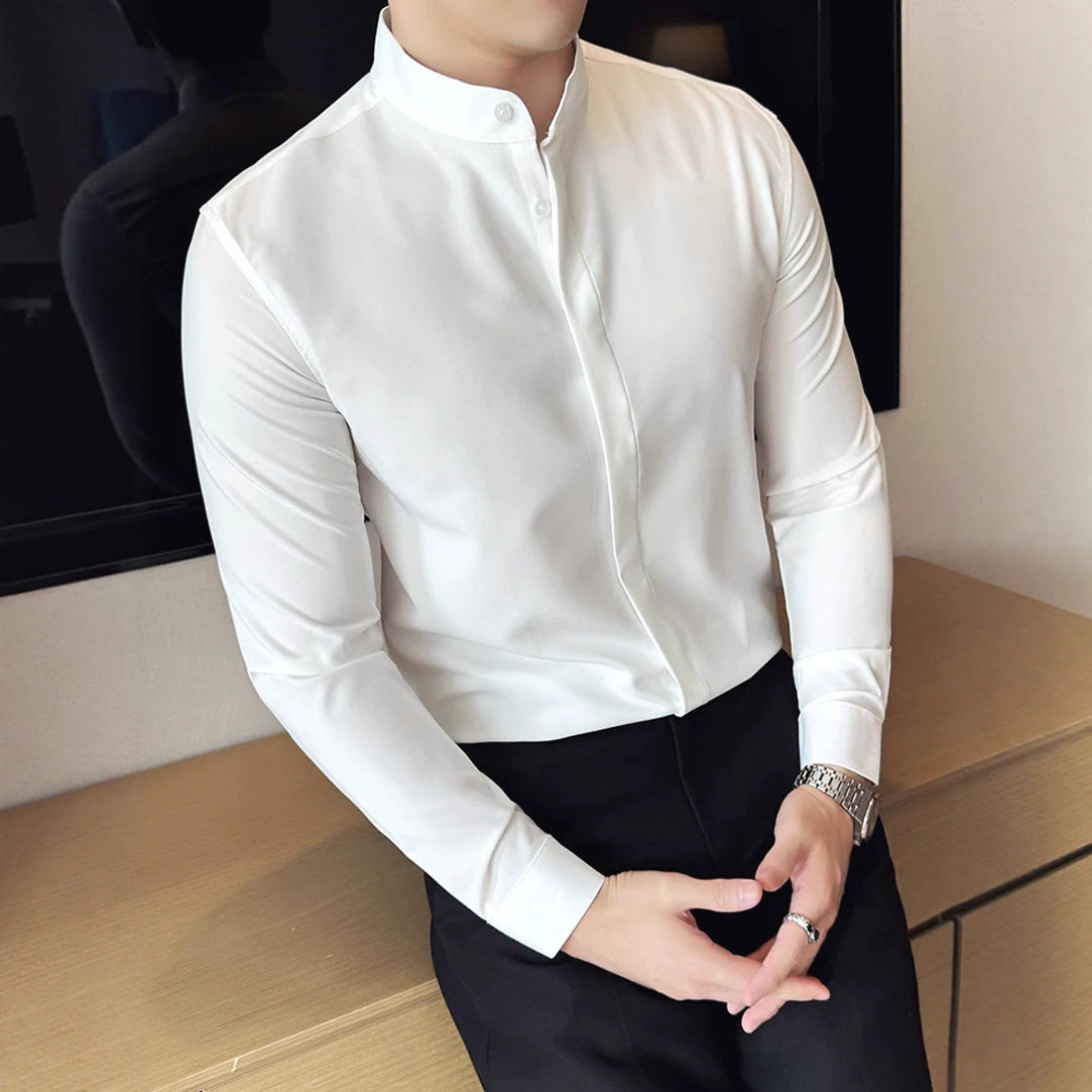 高级感男士立领暗扣修身白衬衫