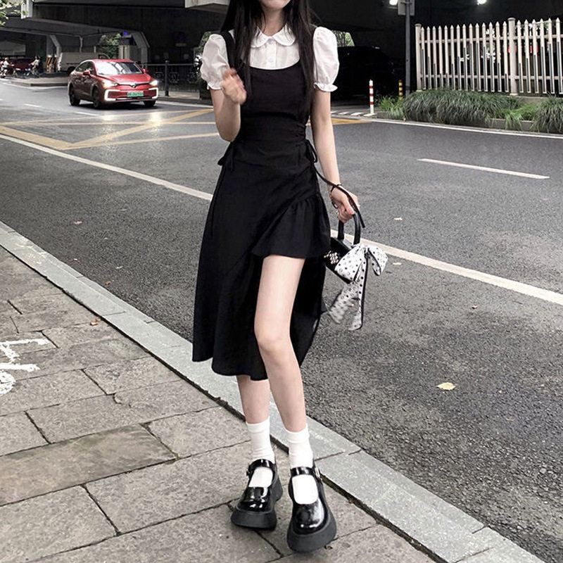 夏季学院风辣妹不规则小黑裙套装