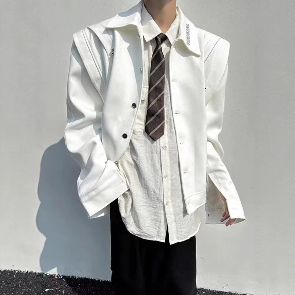 春秋解构双层弯刀袖短款垫肩外套男白色设计高级感潮流机车服夹克