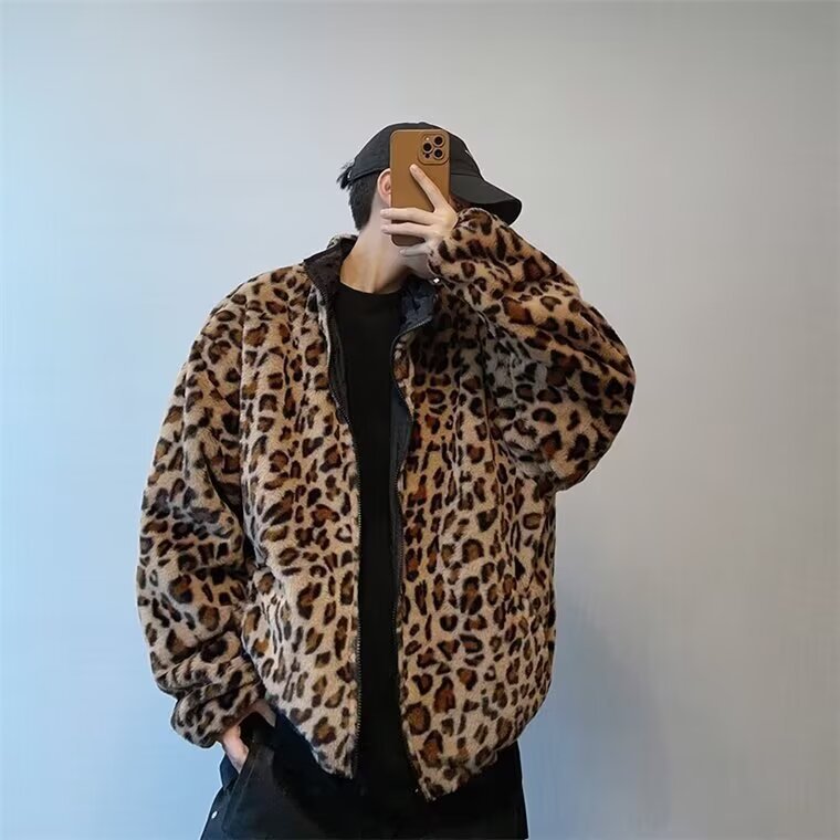 美式复古豹纹两面穿保暖男夹克