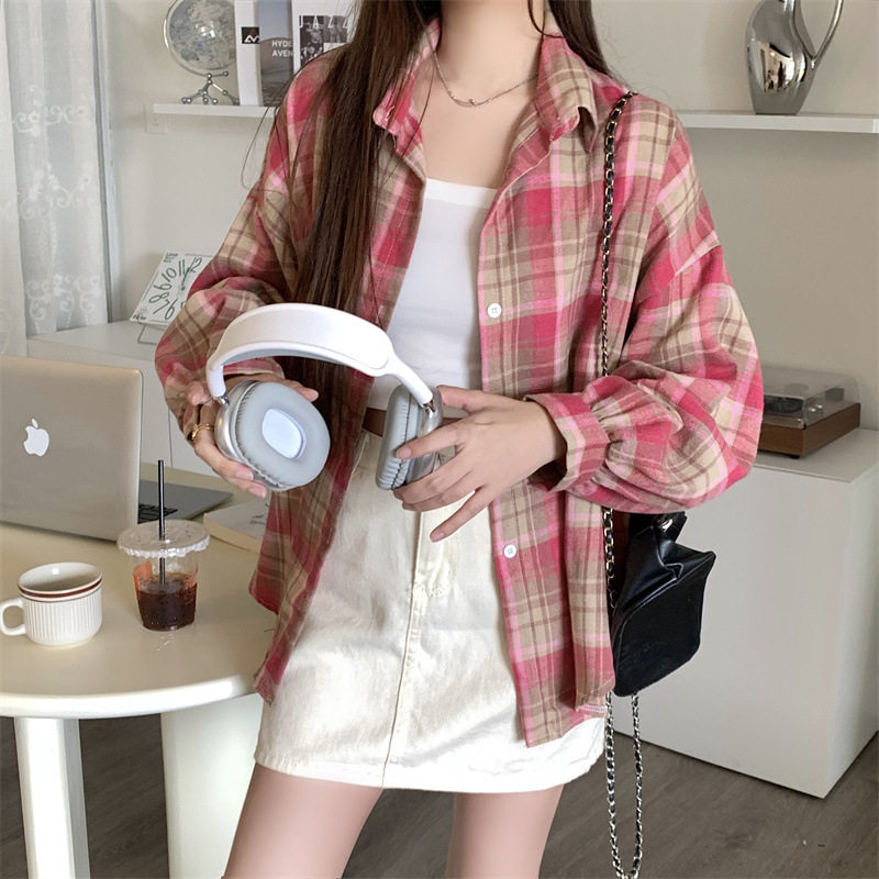 玫粉格子加厚磨毛衬衫外套女