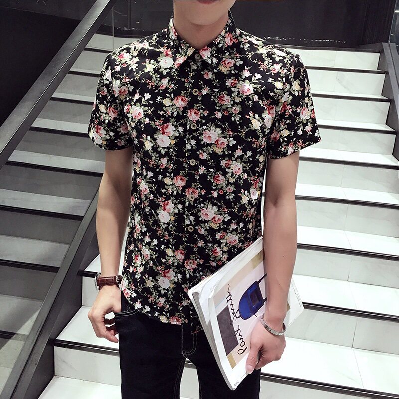 夏季男士短袖薄款印花修身衬衫