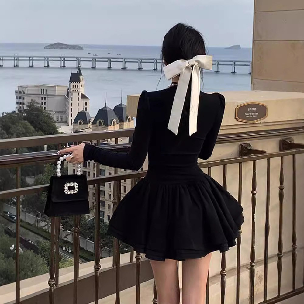 法式小香赫本风黑色针织连衣裙