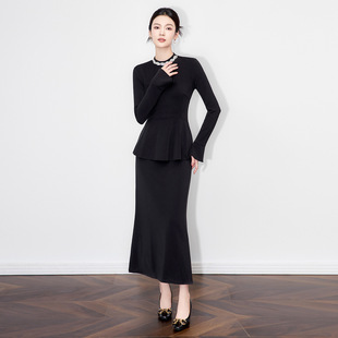 连衣裙 仿醋酸针织料长袖 法式 优雅领口镶钻小黑裙女荷叶边职业装