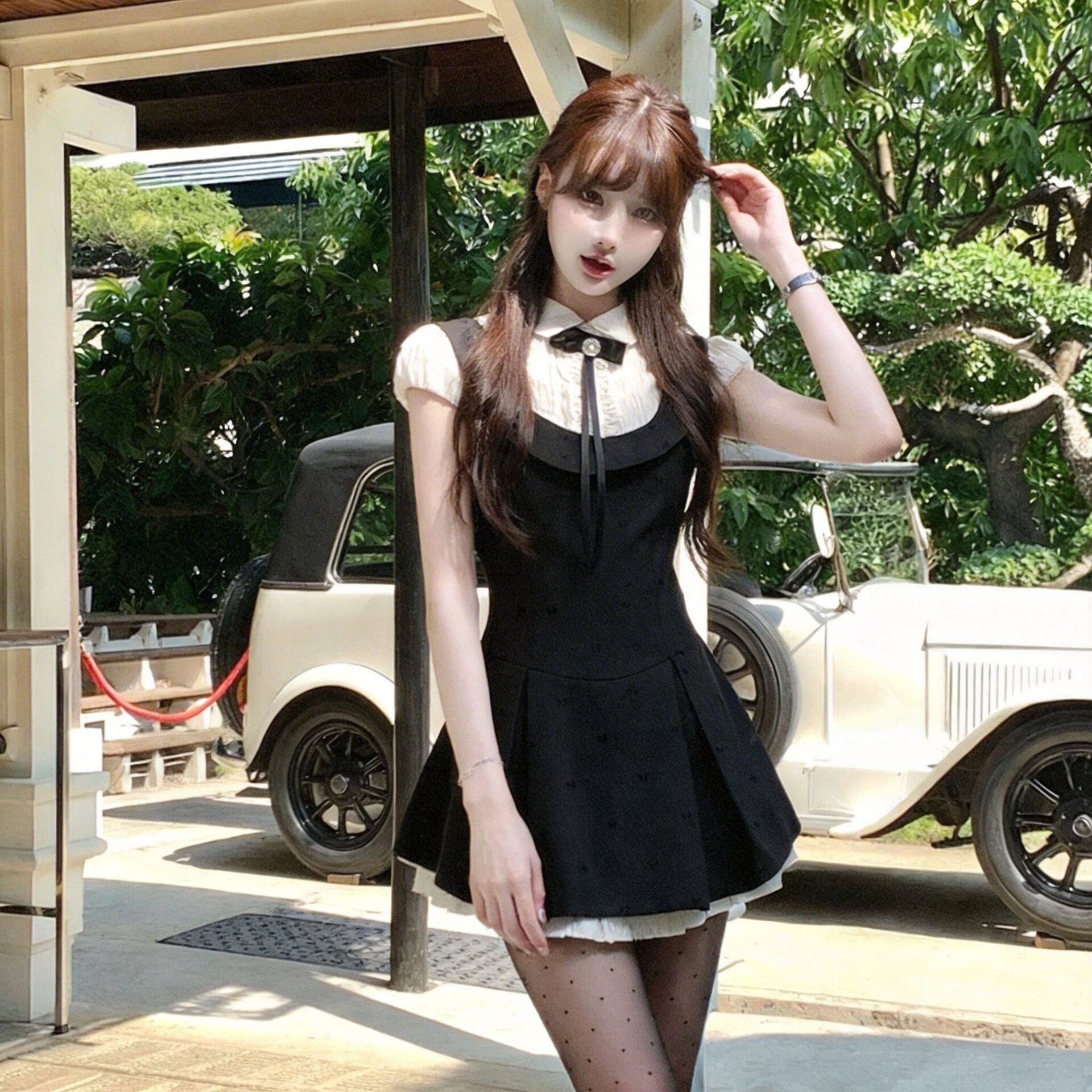 夏日学院风掐腰假两件小黑裙
