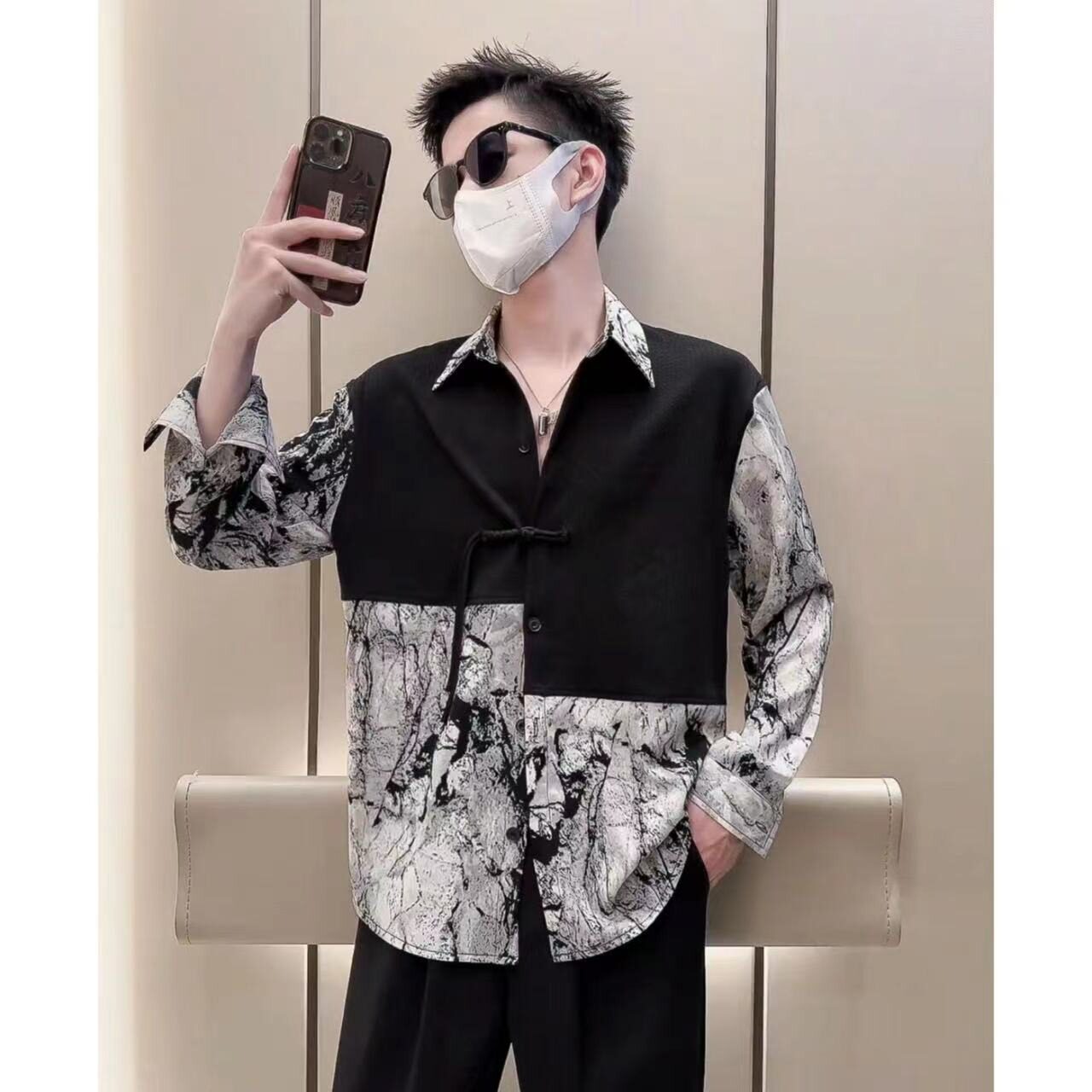 新中式扎染假两件盘扣长袖衬衫男