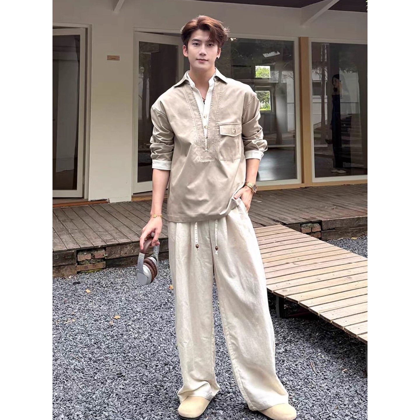 假两件老钱风V领工装衬衫男
