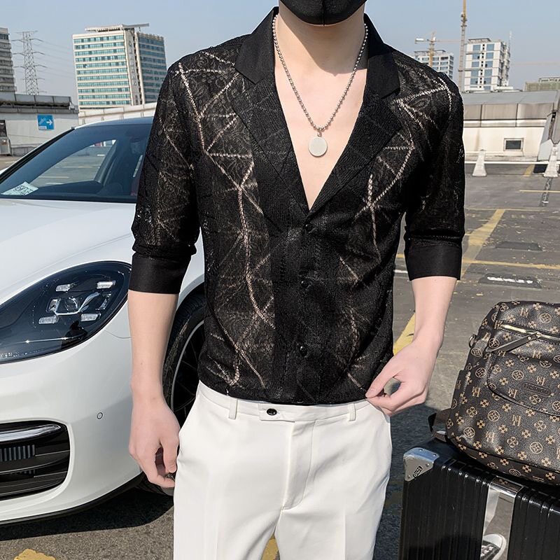 夏季镂空高端百搭七分袖男衬衫