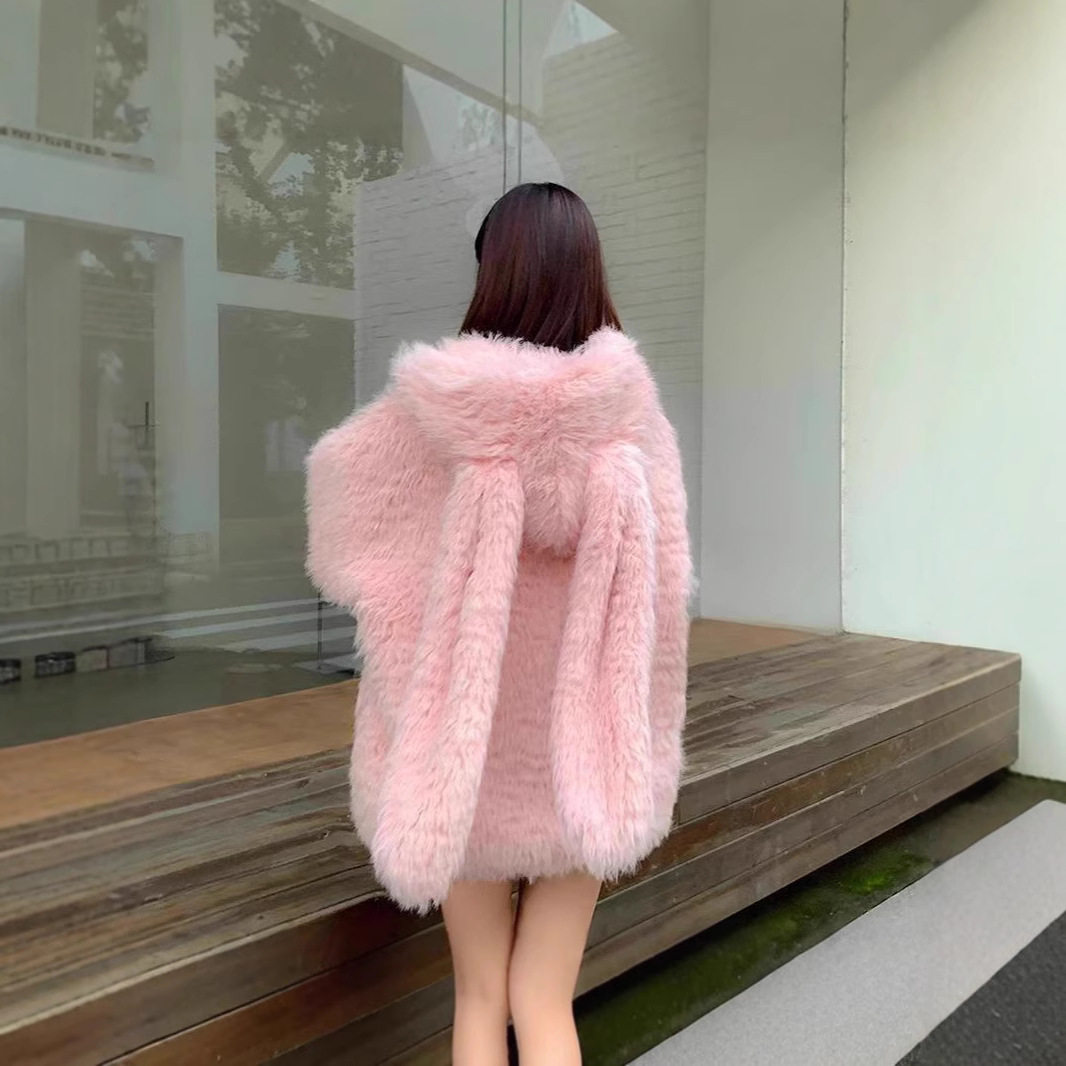 仿羊羔毛加厚皮草外套女兔耳宽松