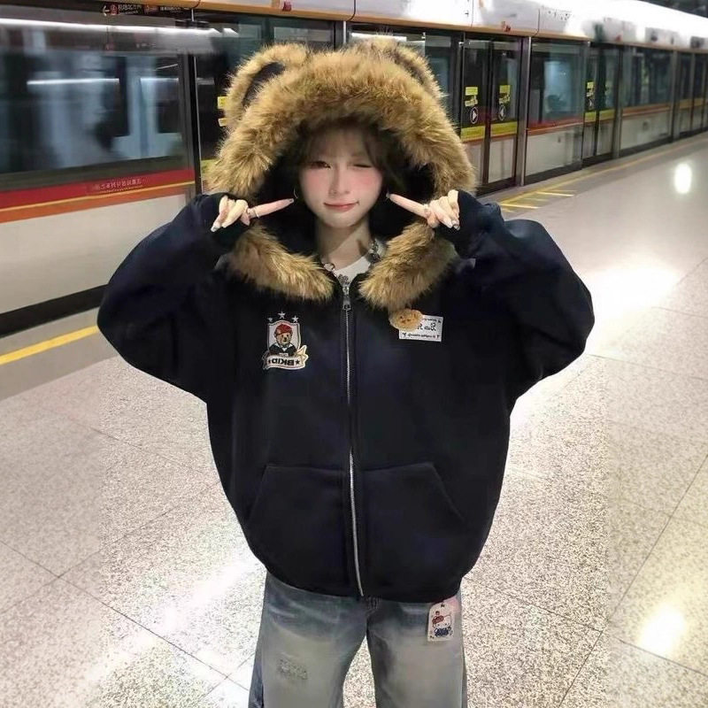 美式小熊耳可拆拉链加绒卫衣女