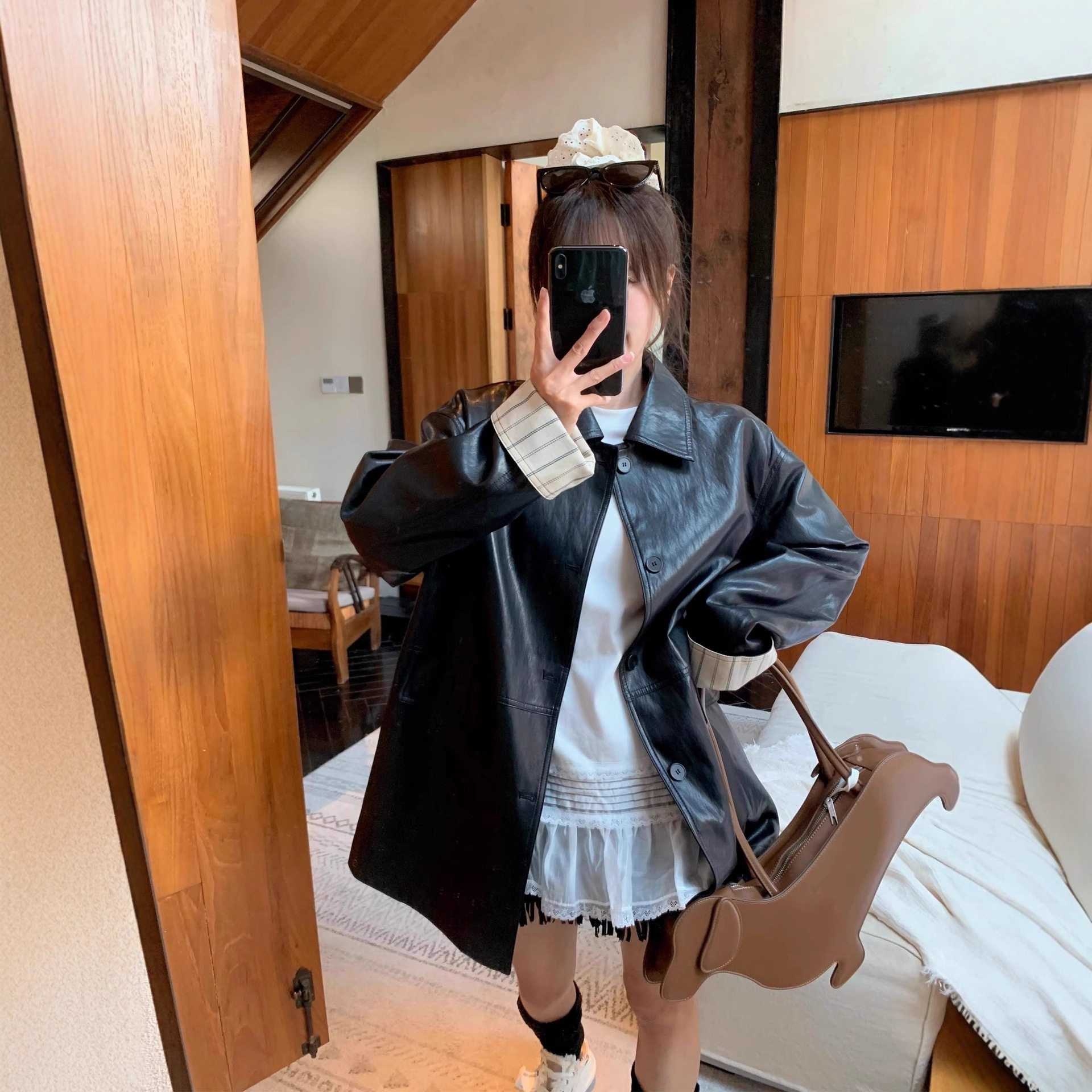 复古风大码黑色皮衣外套女
