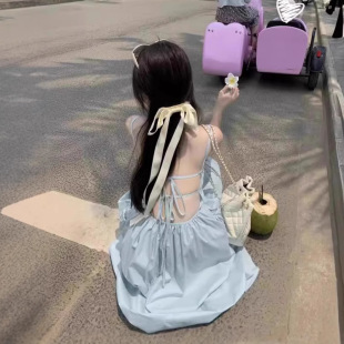薄荷曼波连衣裙女露背海边沙滩度假仙女吊带裙纯欲收腰a字中长裙