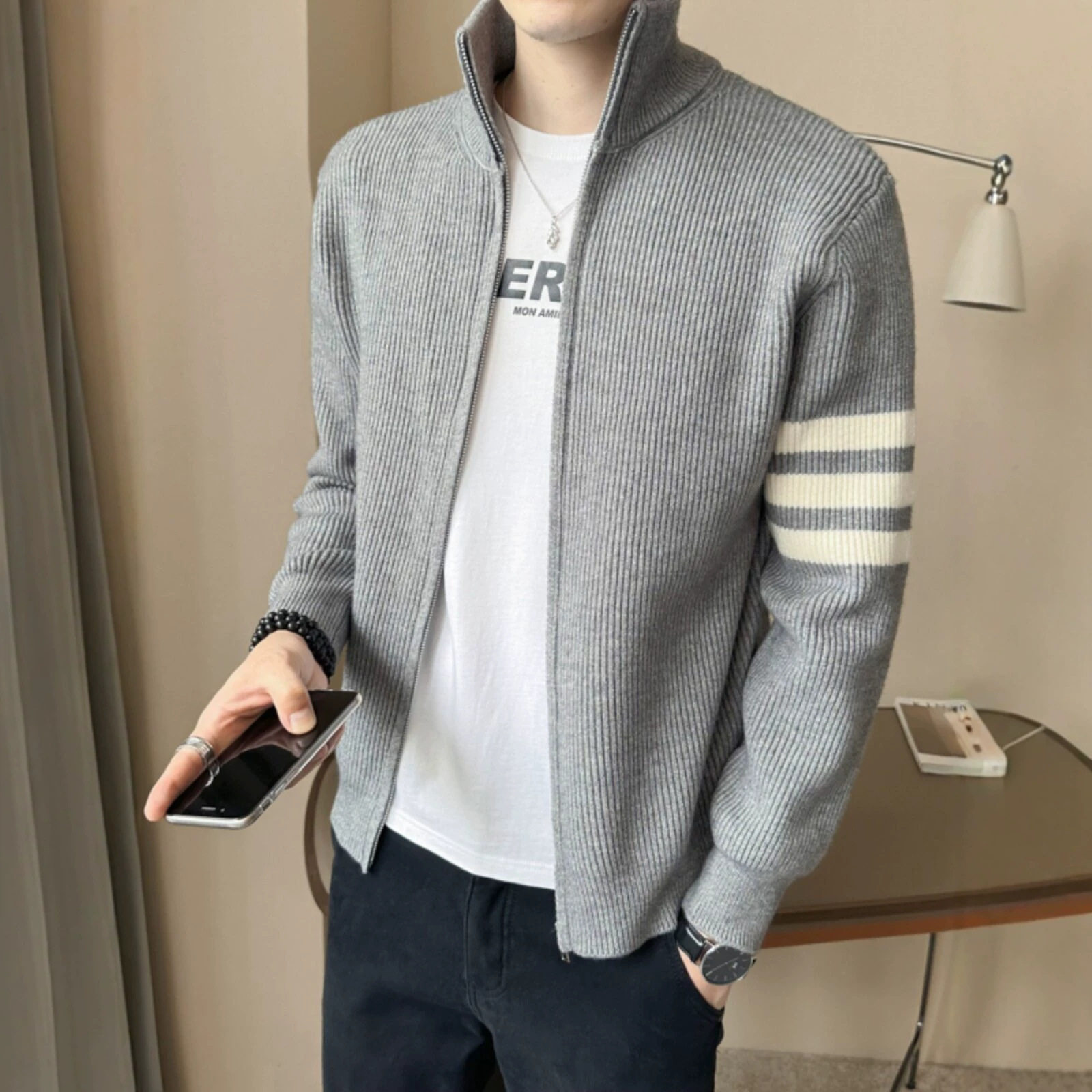 秋冬男立领拼色拉链修身针织开衫
