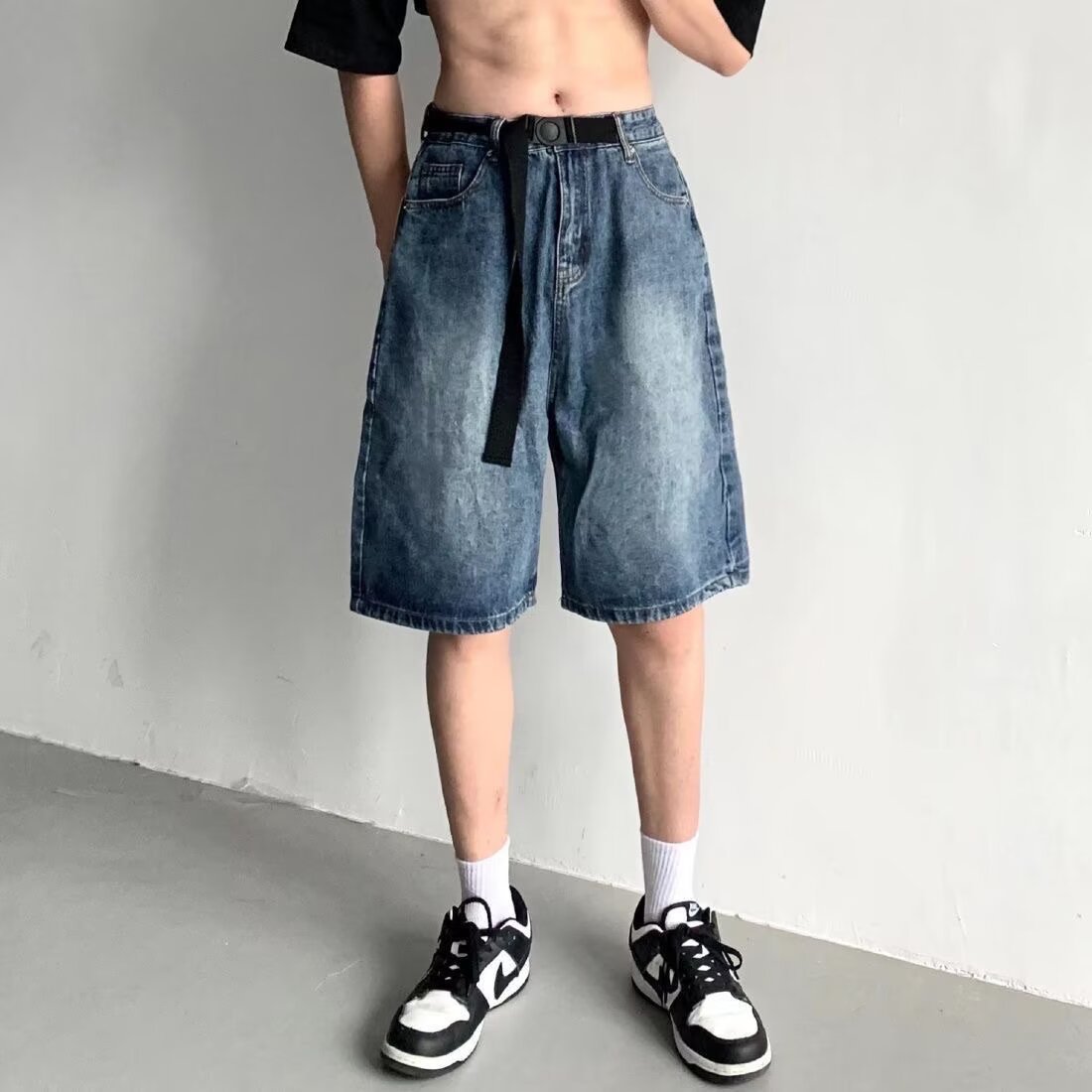 美式水洗牛仔阔腿五分短裤男