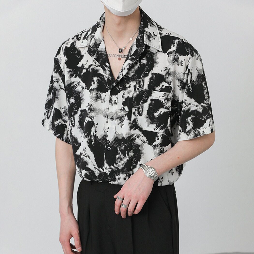 夏季男士宽松水墨免烫短袖衬衫