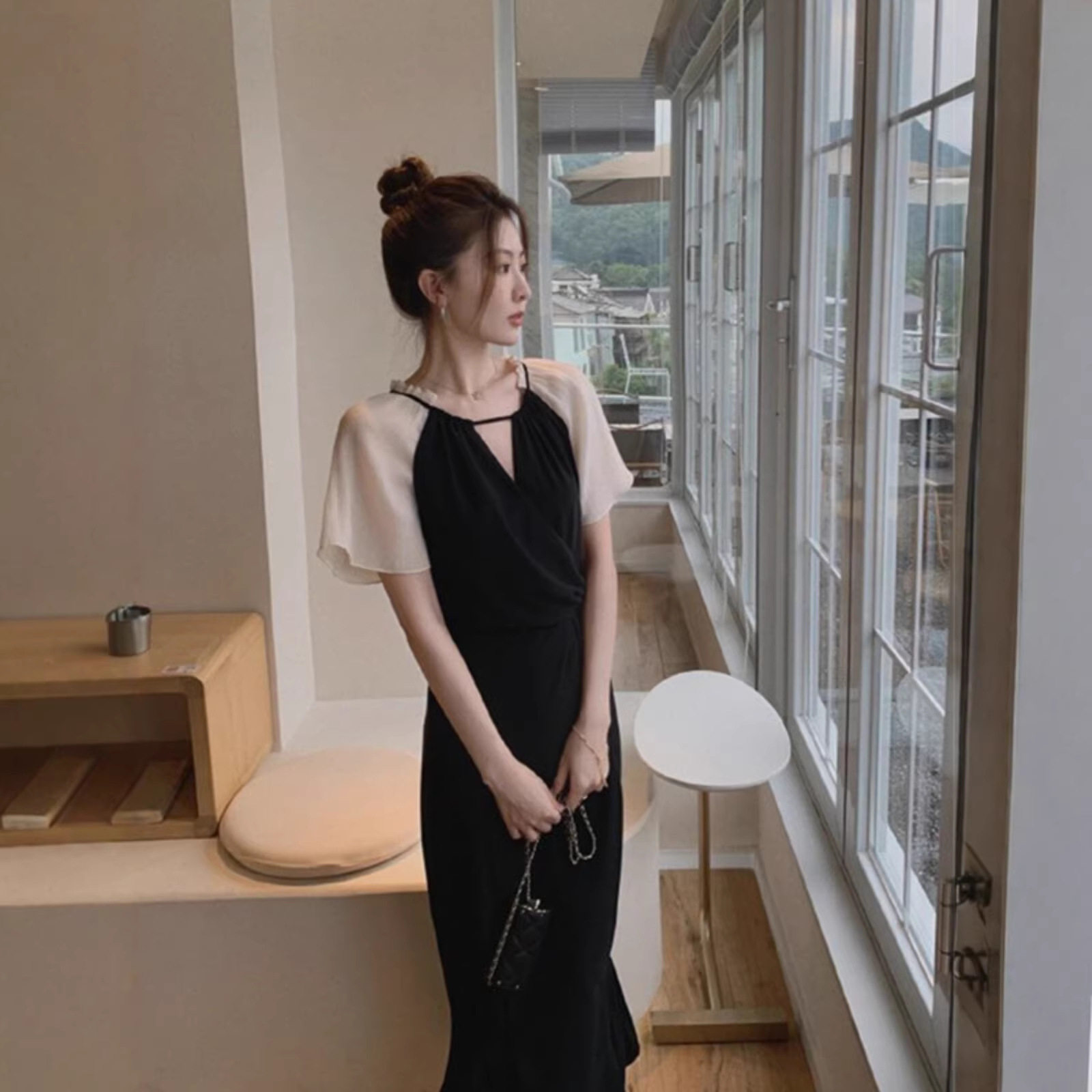 连衣裙2026新款女装夏装款高级感V领法式气质女神范短袖拼接裙子