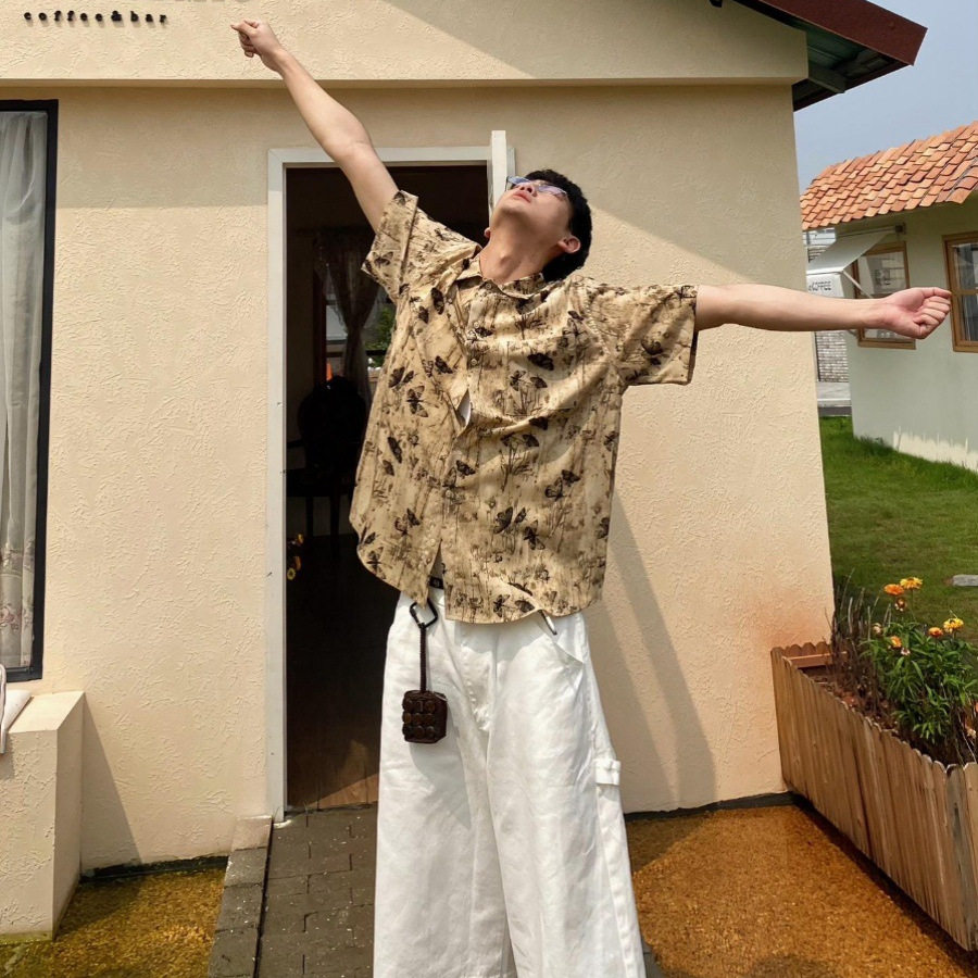 夏季冰丝碎花短袖衬衫男高级感