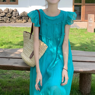 多巴胺娃娃裙小飞袖连衣裙夏季大码胖mm显瘦蛋糕裙海边度假沙滩裙