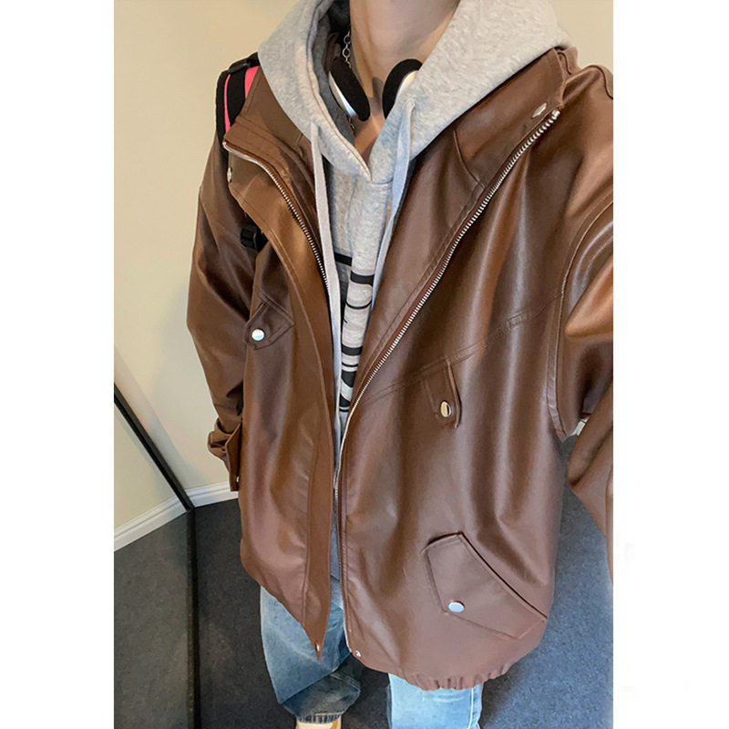 秋冬季新款休闲运动情侣装机车服宽松大码上衣 复古个性皮衣外套